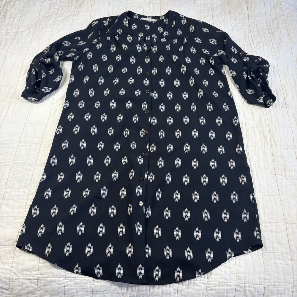 41 Hawthorn Womens M Shirt Dress Black Geometric 3/4 Roll Tab Sleeve Button Down
